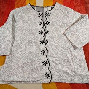 Vintage Reversible Black & White Blazer Jacket, 2X 3/4 Sleeves Embroidered Boho